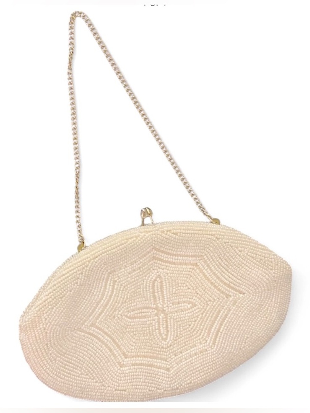 Vintage Ivory Beaded Clutch Kiss Lock Gold Chain Made in Japan Clover Bridal